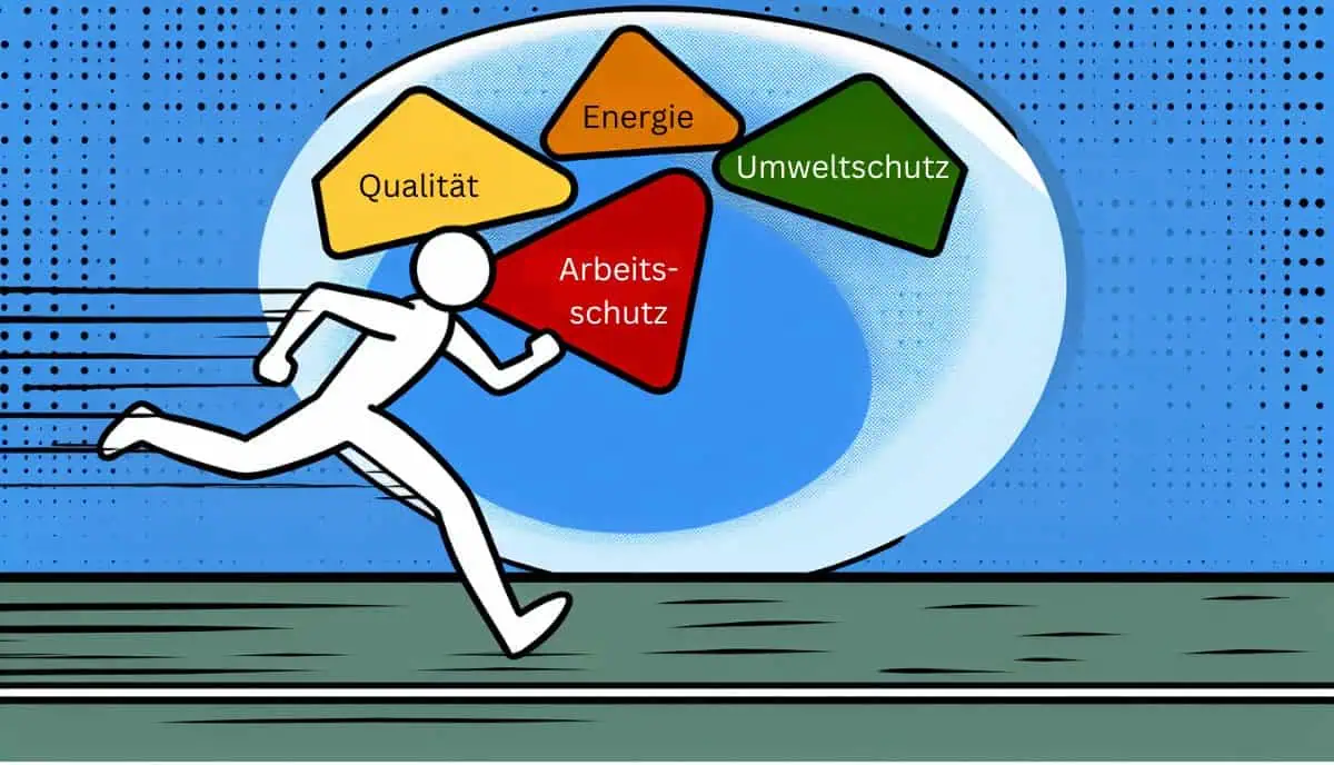 In comic style. The image shows the following: Symbolic image for management systems: quality, environment, energy and occupational health and safety. It shows a runner as a stick figure on his way to the goal.