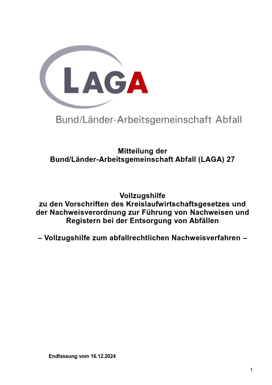 Titelseite der LAGA-Mitteilung 27 zur Nachweisführung im Abfallrecht (Stand 16.12.2024)